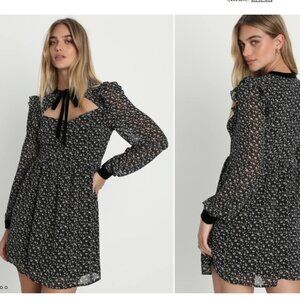 LULUS Posh Impression Black Floral Print Tie Neck Mini Dress